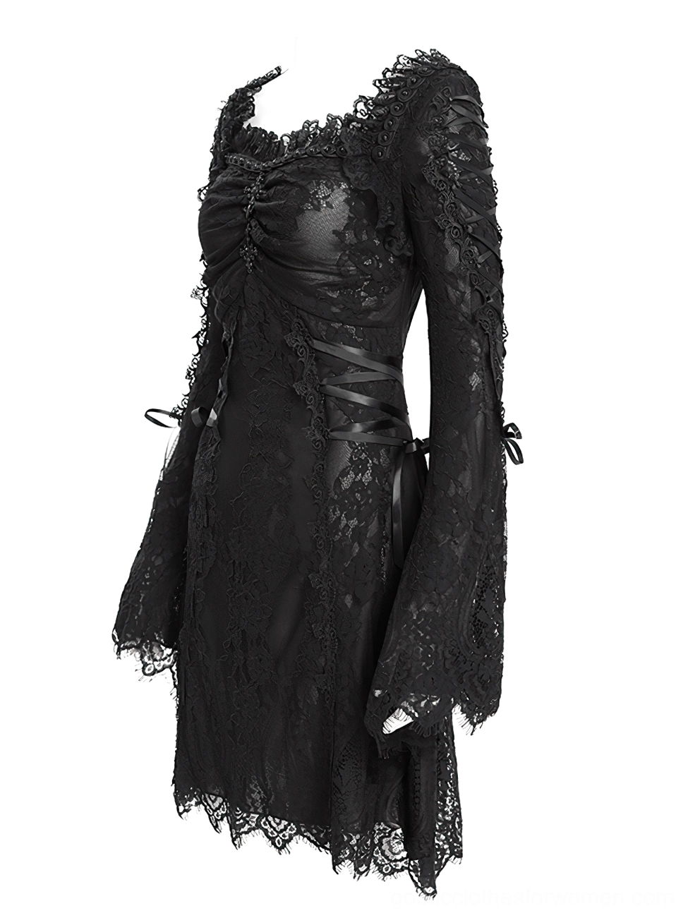Side flat lay of black gothic lace dress showing flared lace sleeves and scalloped hem detail