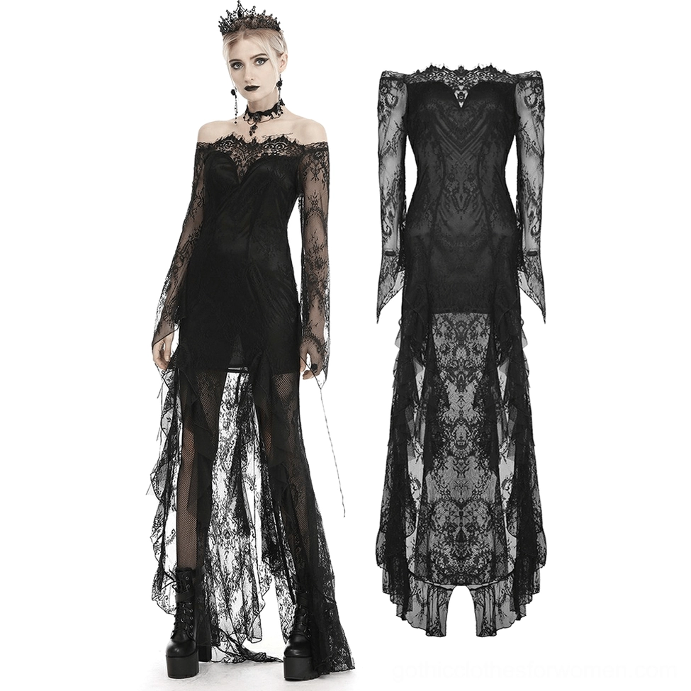 Black lace gothic evening gown with high-low sheer skirt and pendant chain decoration