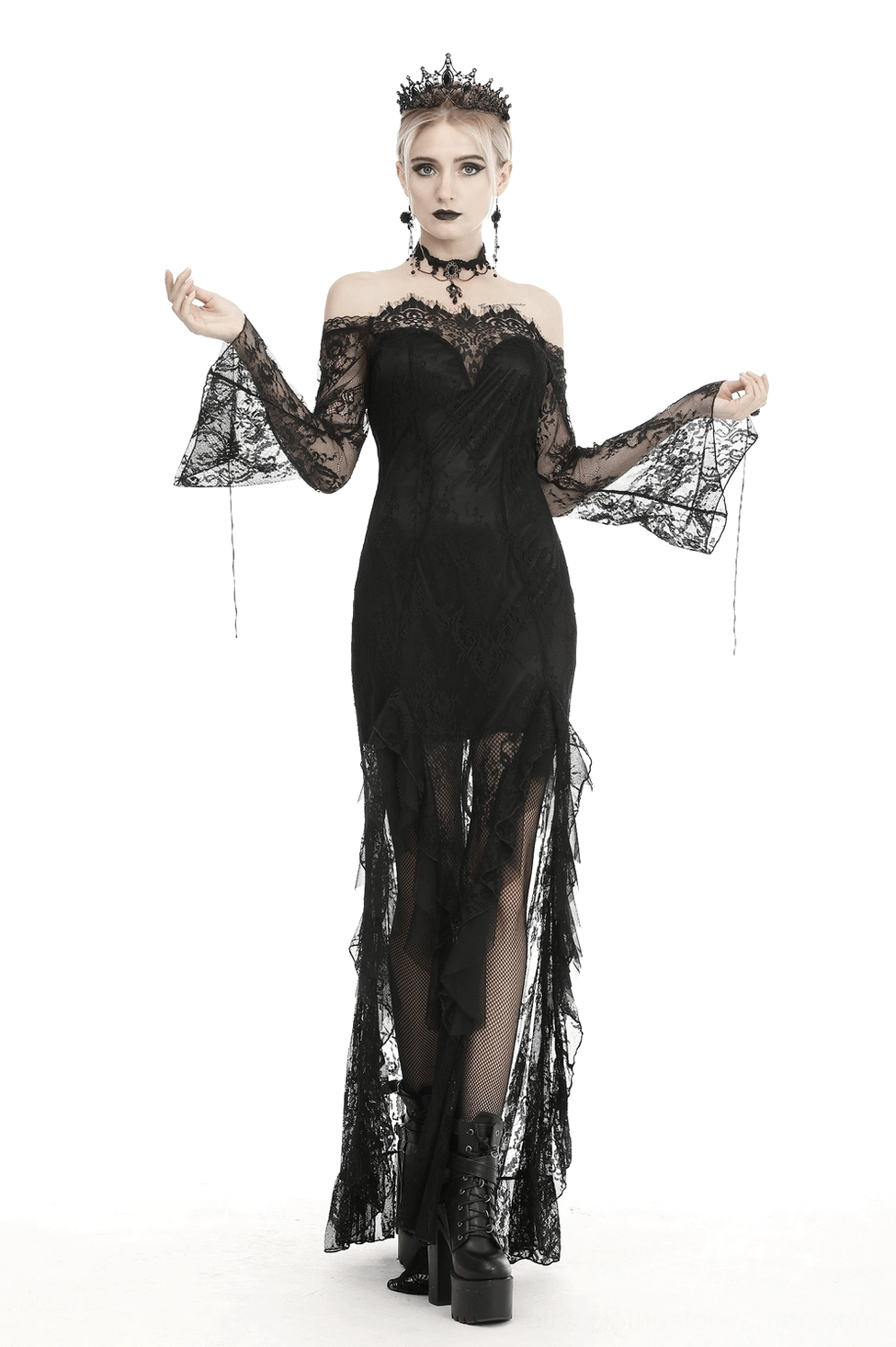 Side view of black lace gothic gown showing silhouette with fitted bodice and flowing skirt
