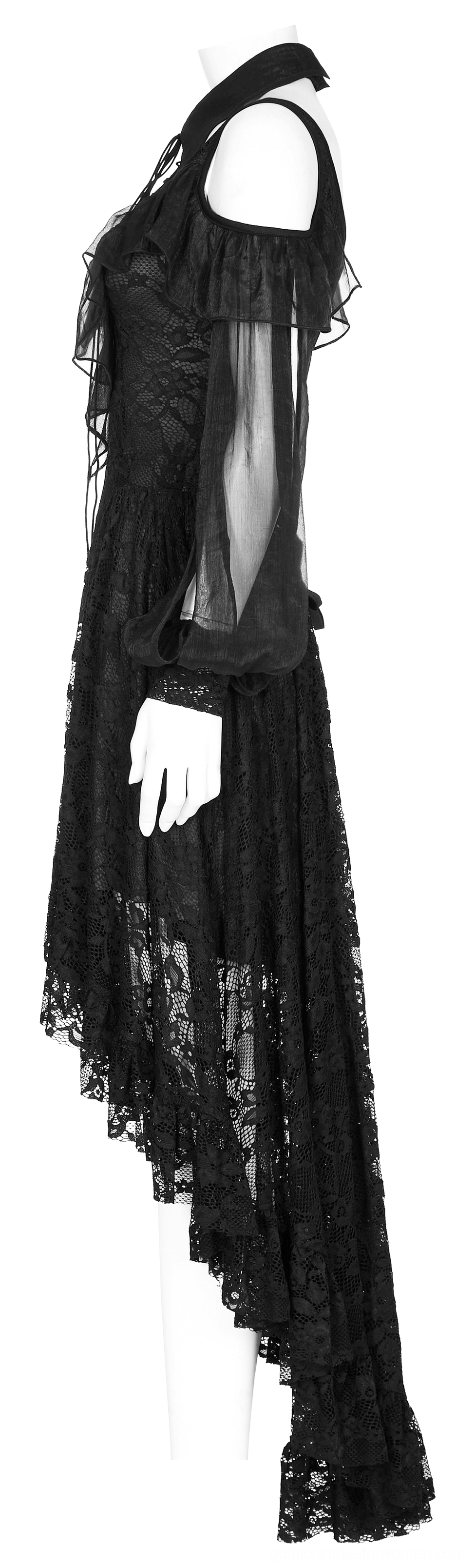 Victorian gothic black lace maxi dress side view, showing asymmetric hem and sheer lace sleeve construction