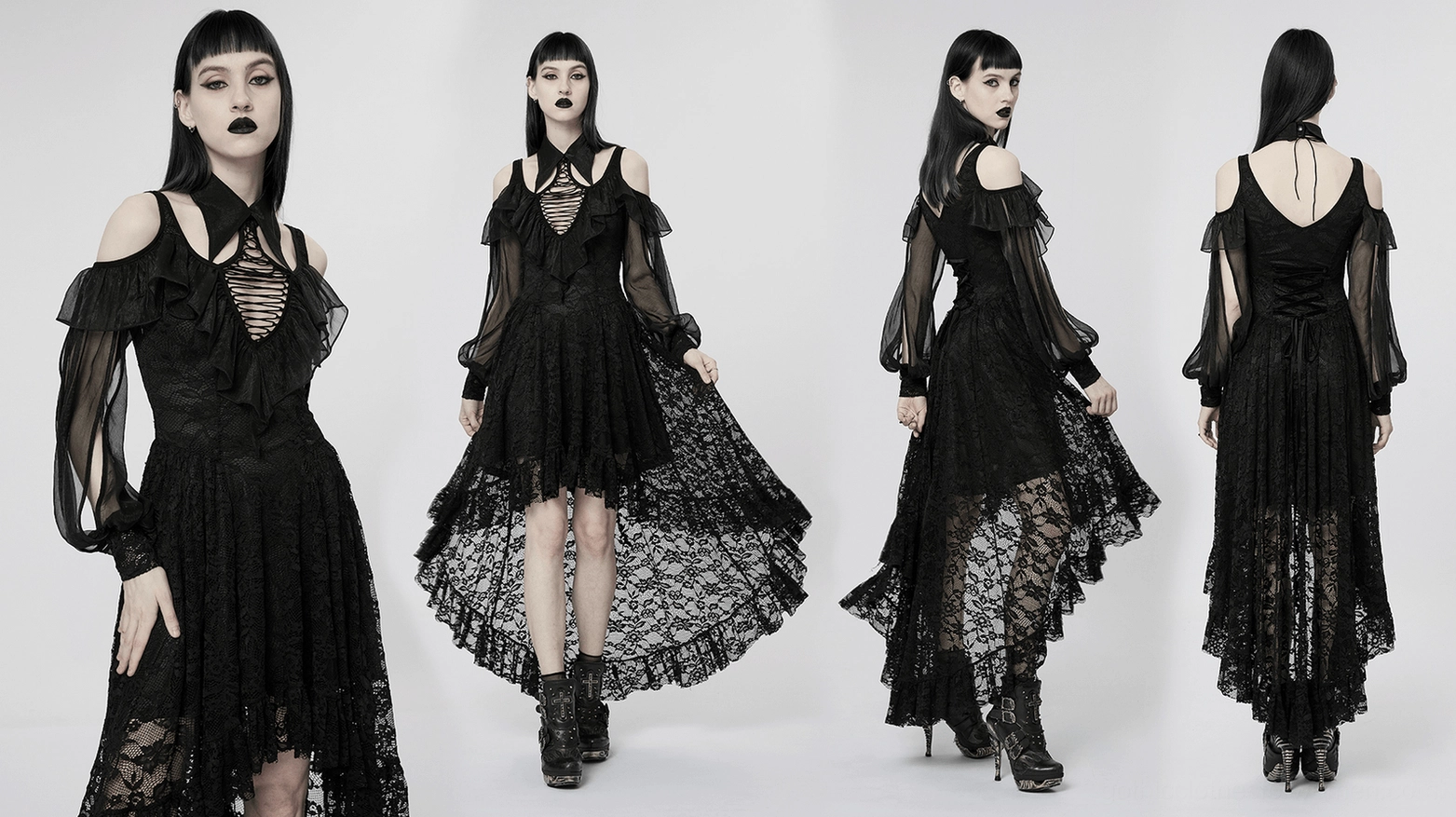 Gothic black lace maxi dress front view showing pointed lapel choker neckline and elastic hollow-out chest detail
