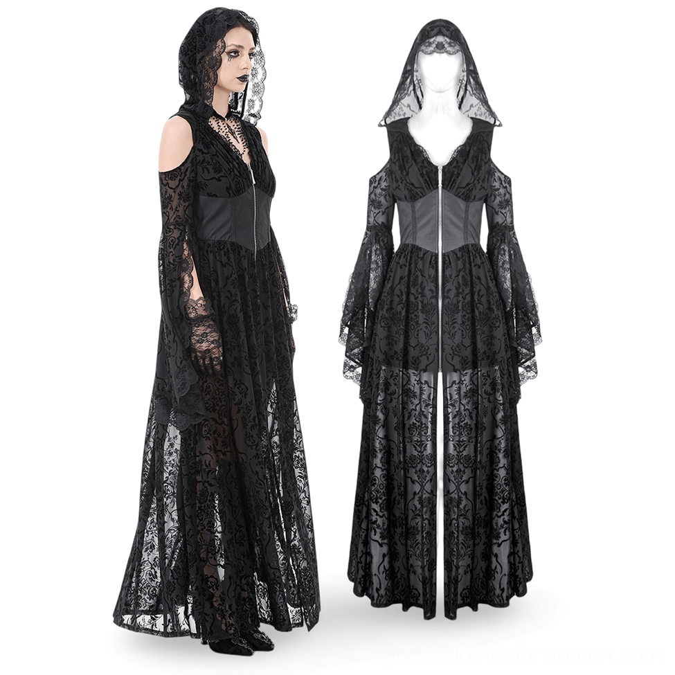 Black cold shoulder gothic lace maxi dress full length view on mannequin with floor-length design and front zipper