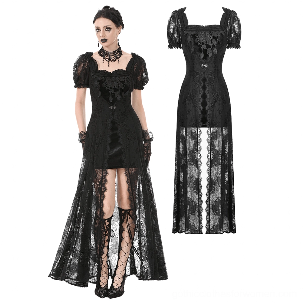 Gothic black lace puff sleeve maxi dress with matching choker and lace gloves on model