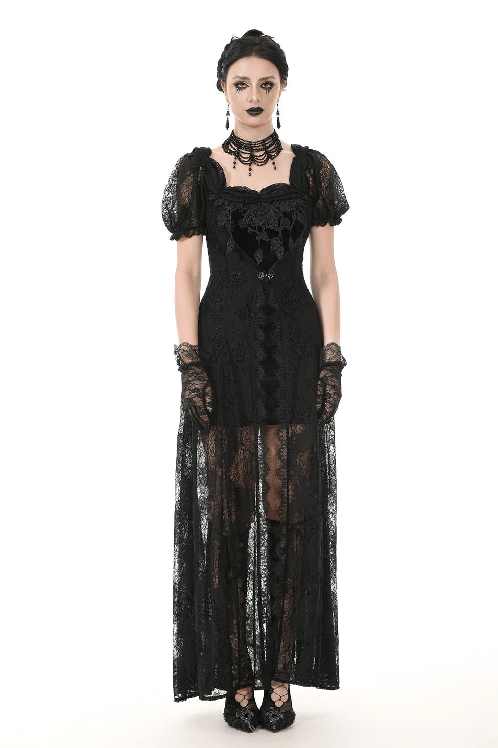 Gothic black lace maxi dress sheer floor-length skirt overlay dramatic effect