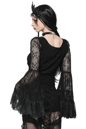 Gothic black lace long-sleeve top back view showing low cut back and layered floral lace bell sleeves on model wearing gothic crown