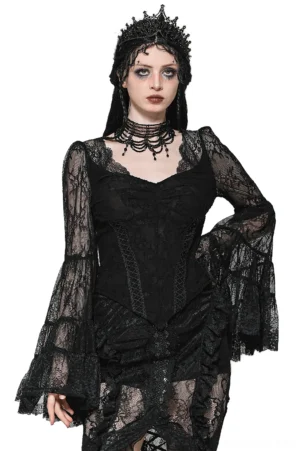 Gothic black lace V-neck top with tiered bell sleeves on female model wearing gothic headpiece and choker, front view studio shot