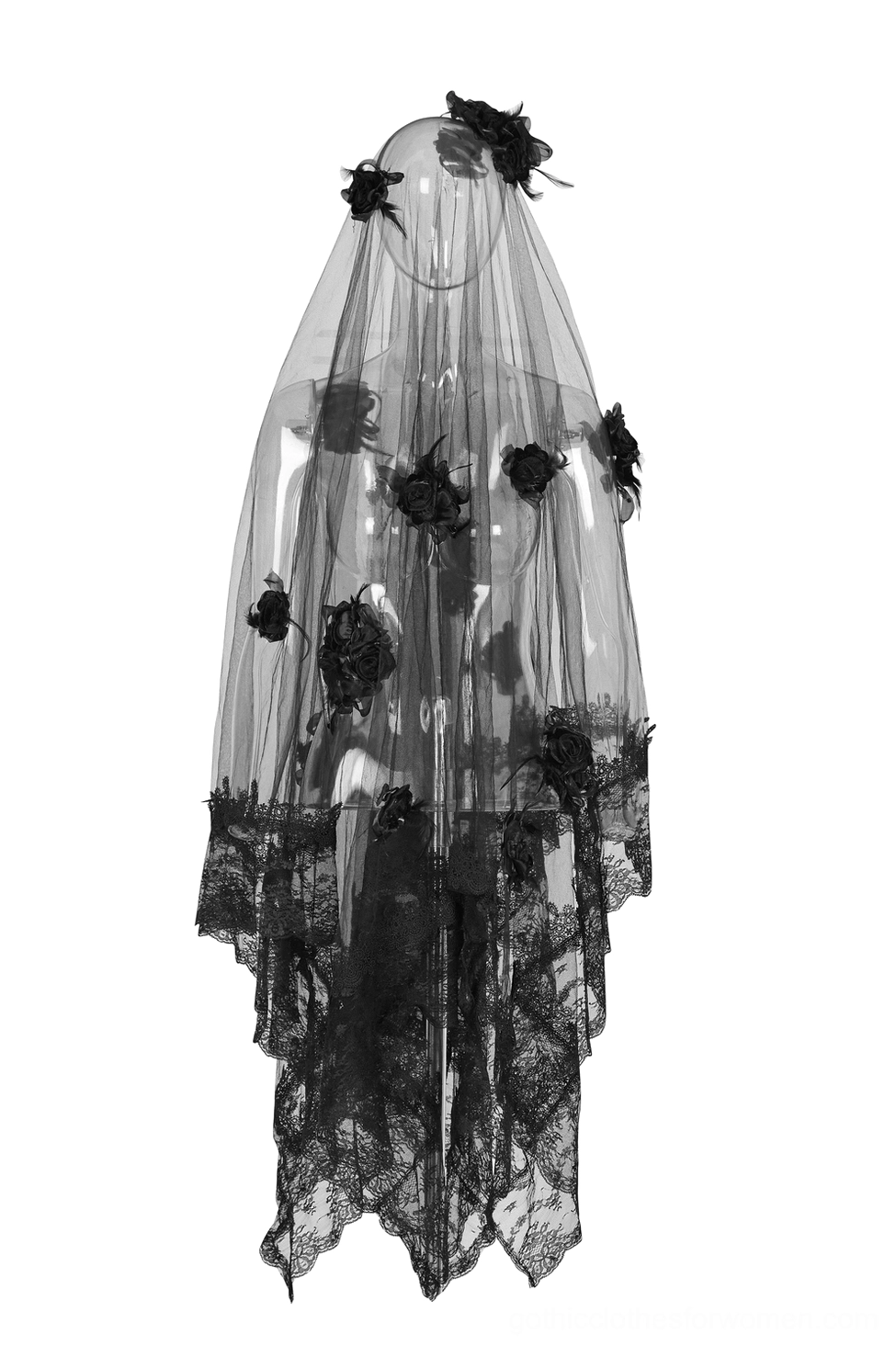 Black gothic lace veil on display mannequin featuring multiple floral trims and sheer illusion tulle fabric