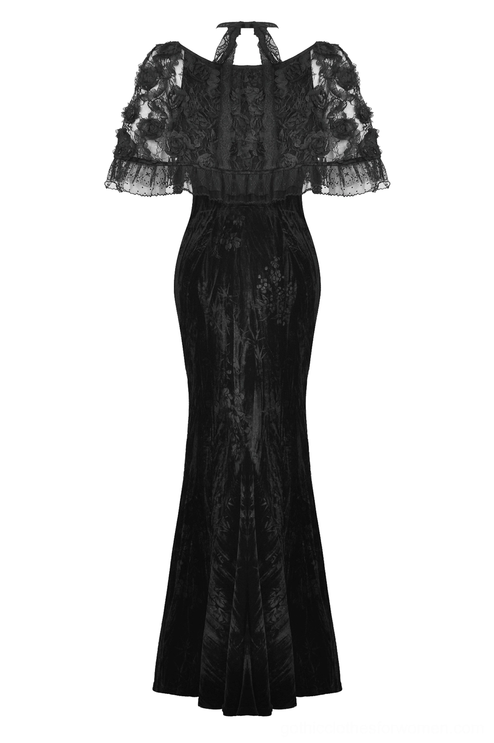 Black gothic lace velvet evening dress with ruched waist and floral lace bodice, front flat lay