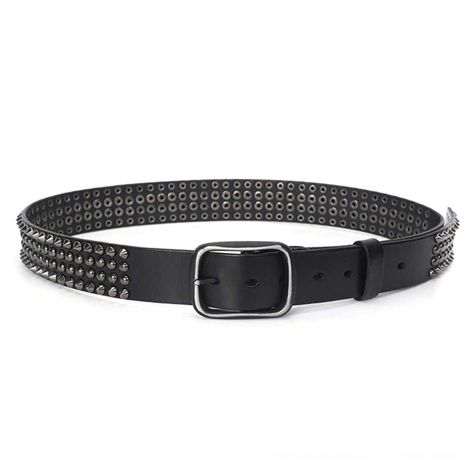 Black leather belt with dense cone stud pattern and industrial rectangular pin buckle