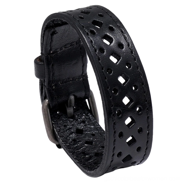 Black gothic geometric leather cuff bracelet featuring hollow square pattern design, studio front shot with white background