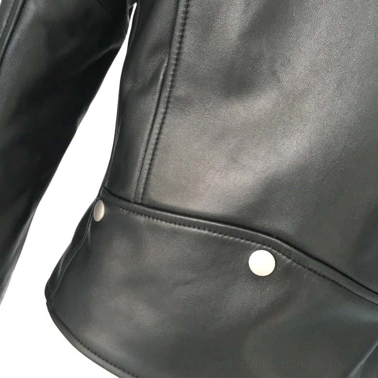 Women's black genuine leather gothic biker jacket detail view of collar, shoulder construction, and decorative rivet and zipper elements