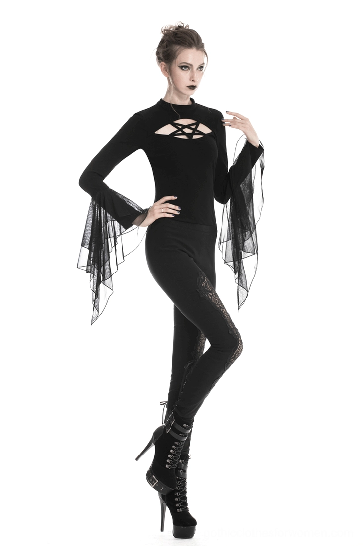 Black gothic lace-up leggings displayed in professional studio setting highlighting overall silhouette and elegant goth aesthetic design