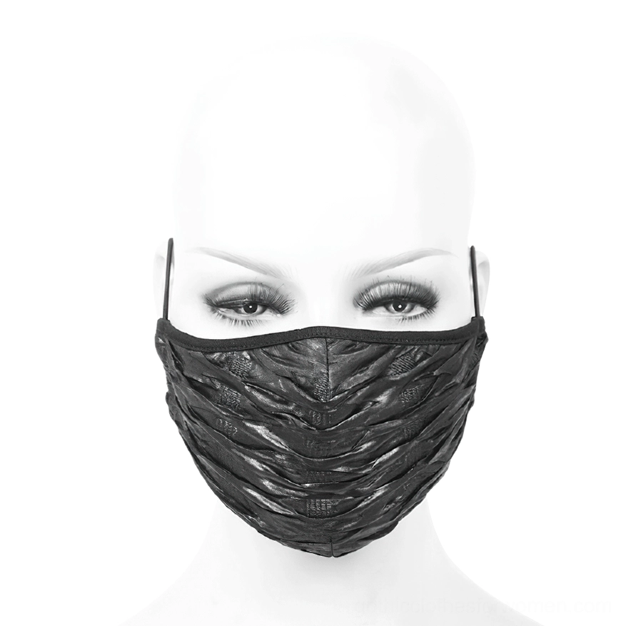 Close-up front view of black wrinkled faux leather gothic mask on mannequin head, highlighting texture and fixed ear loops