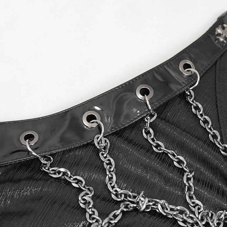 Black gothic sleeveless maxi dress on mannequin displaying back side slit and ruched back design with chain detail