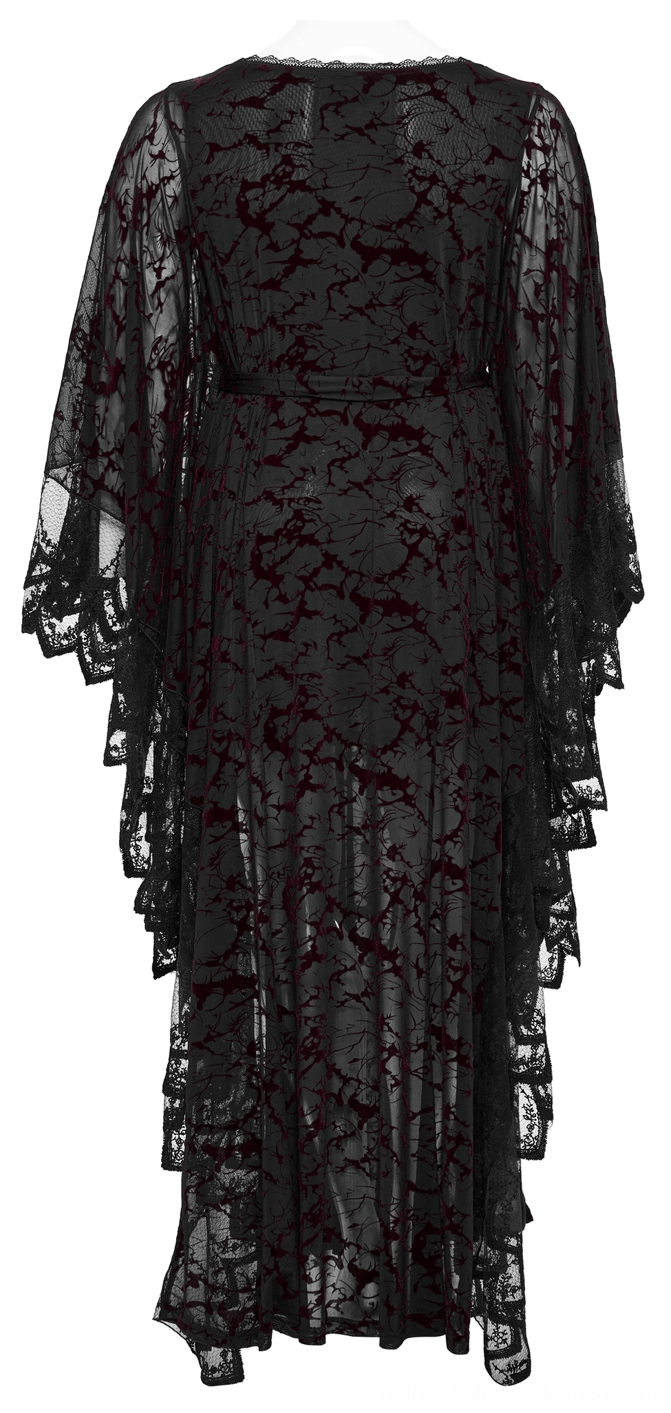 Gothic black maxi dress back mannequin view with sheer lace sleeves, ruffled floor hem, and dark red vine-printed pattern