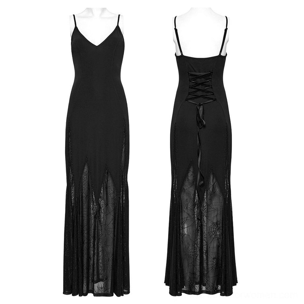 Black gothic maxi dress front and back combined view on mannequin showing V-neckline, corset lace-up back, and asymmetric sheer details