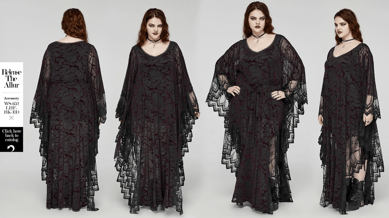 Gothic black maxi dress detail view of sheer lace overlay, waist design elements, and water-droplet pendant accents