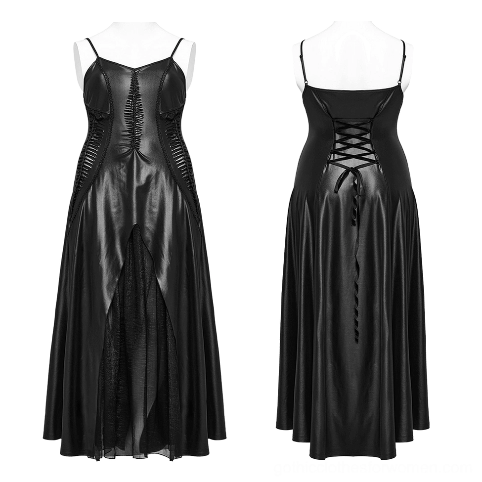 Black gothic maxi slip dress with lace-up front detail and spaghetti straps on dress form, studio photography