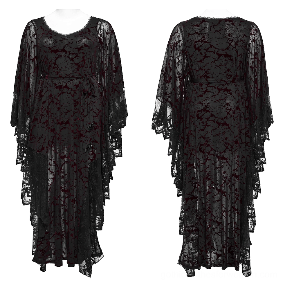 Gothic black maxi dress on mannequin front view with V-neck lace trim, dark red vine print, and sheer flared sleeves