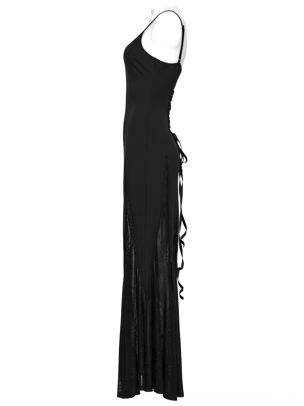 Black gothic maxi dress side profile view showing lace-up straps and floor-length sheer skirt with intricate mesh detailing