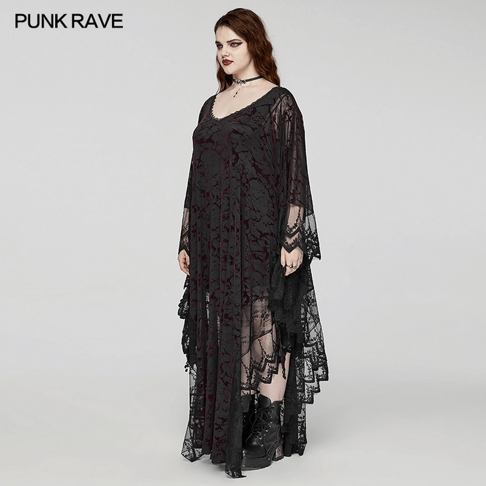 Gothic black maxi dress with water-droplet waistband jewelry and alternative goth aesthetic showcase