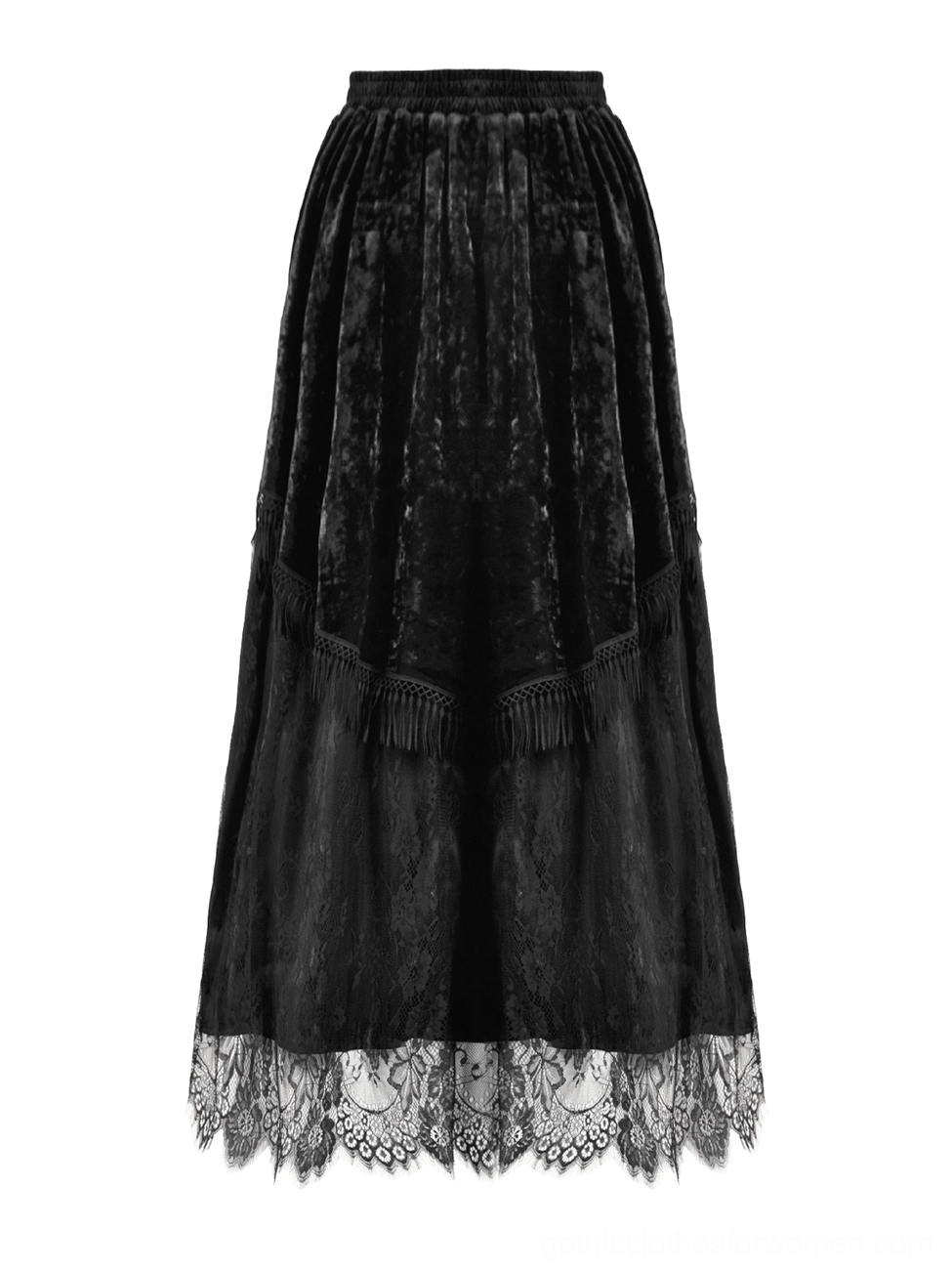 Front straight-on view of gothic black maxi skirt showing crushed velvet texture, pleated high waist, and delicate lace hem