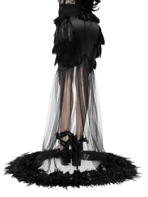 Back full-body view of gothic black maxi skirt displaying feather waist decoration, sheer mesh lower panel, and exposed leg design