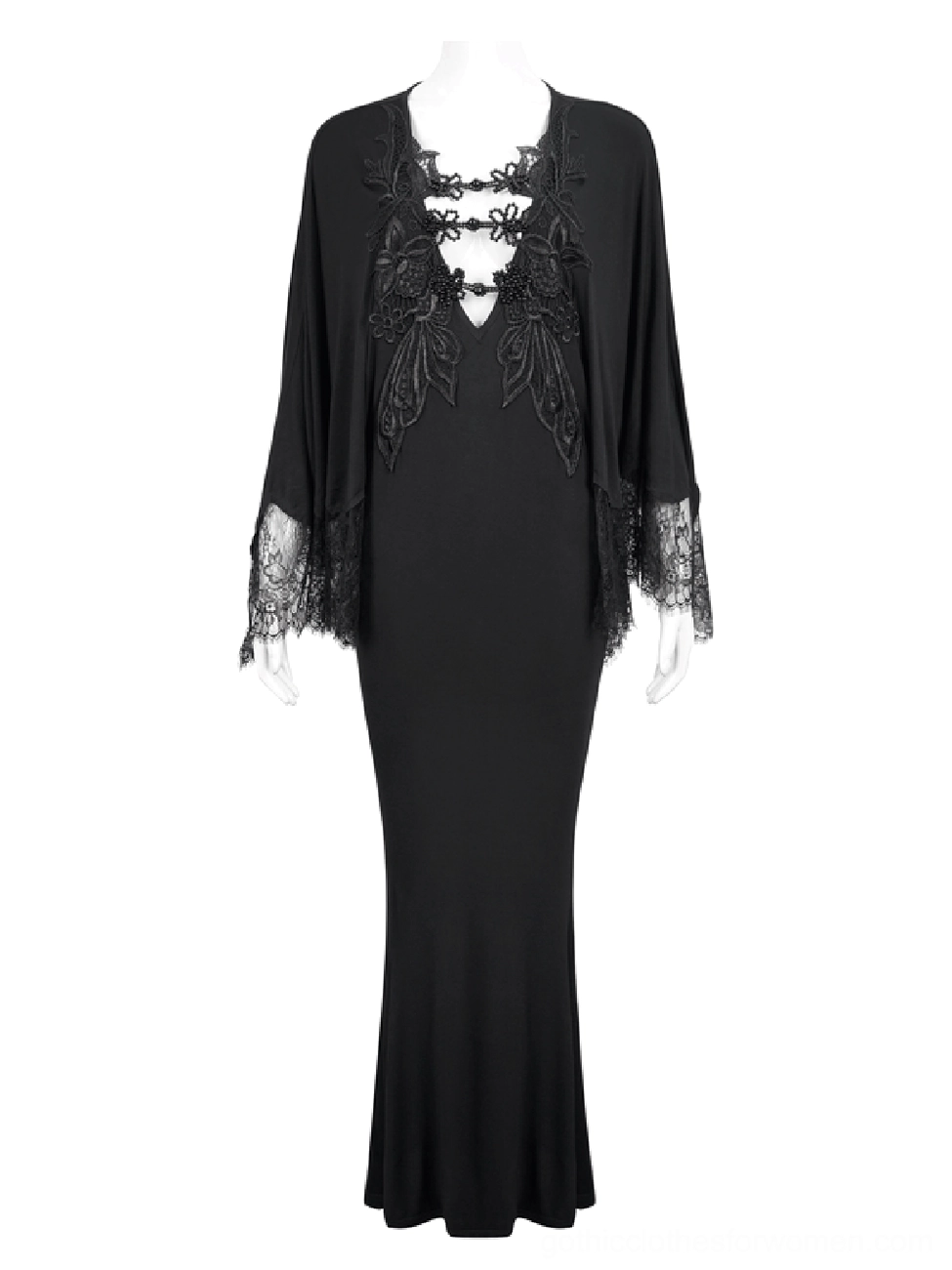 Black gothic mermaid dress displayed on mannequin, front full view showing deep V-neckline, lace details, and floor-length fishtail silhouette