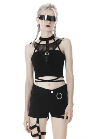 Gothic black mesh crop top with choker neckline and metal buckle fasteners, front full-body view on model with blonde braids