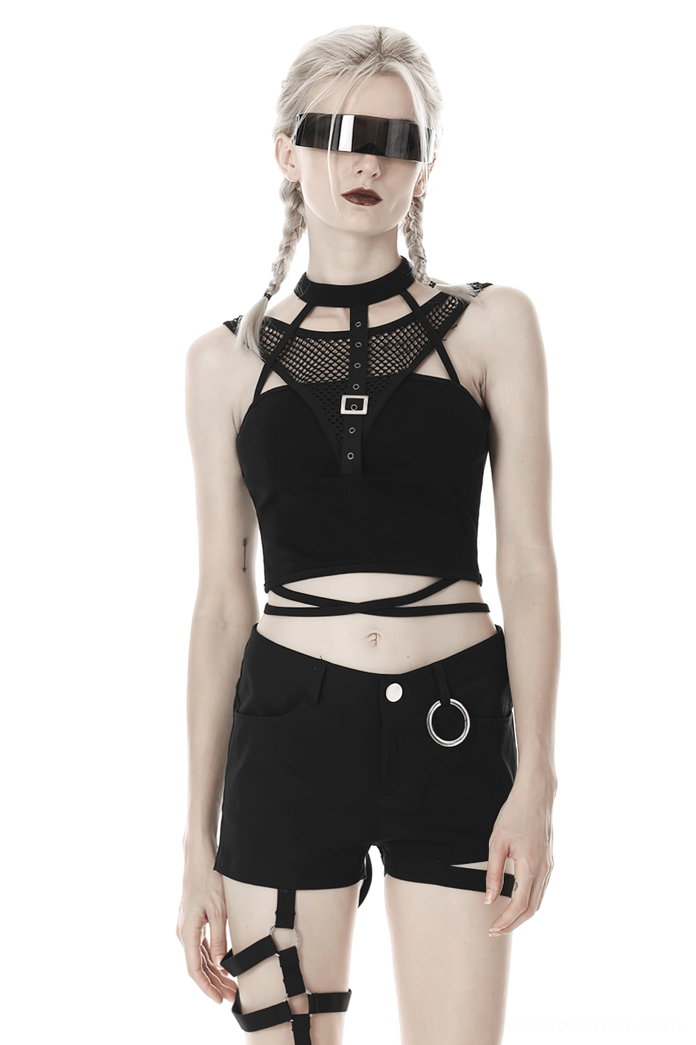 Gothic black mesh crop top with choker neckline and metal buckle fasteners, front full-body view on model with blonde braids