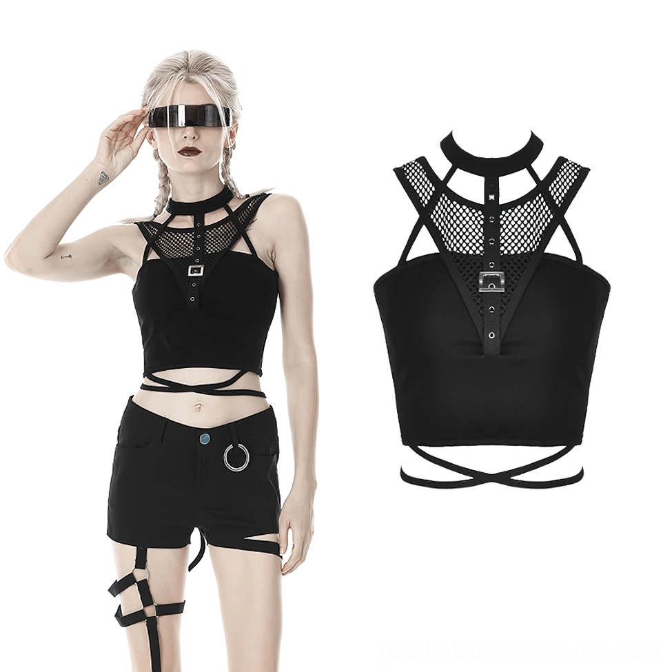 Gothic black crop top with fishnet panels and metal buckles, flat lay product view