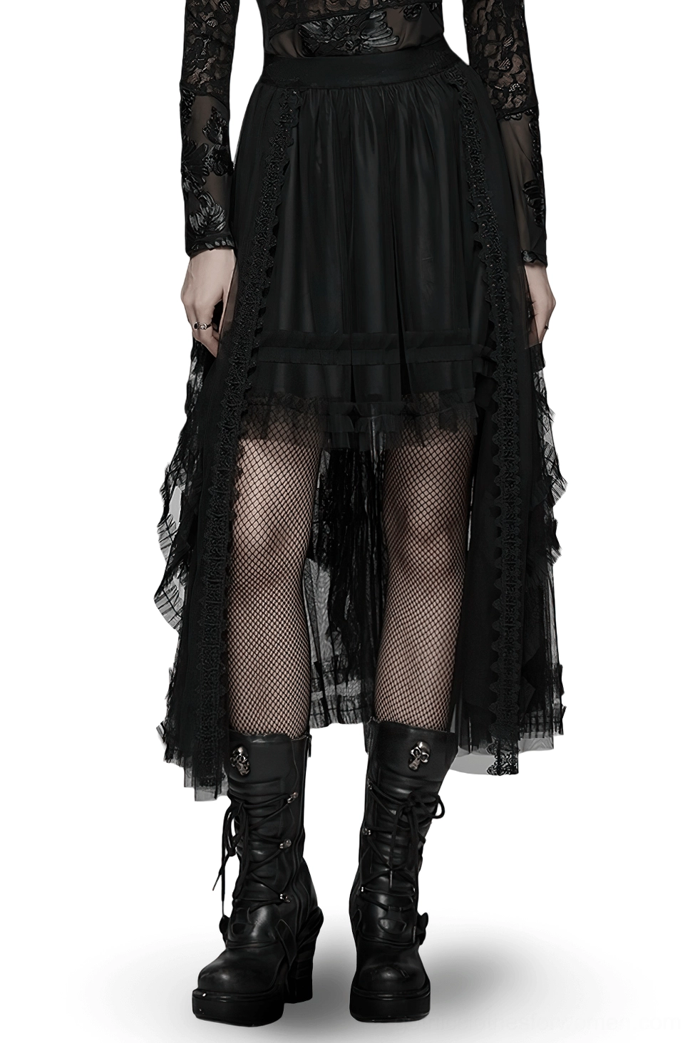 Black gothic layered high-low mesh skirt full front view with removable steel waist structure worn over fishnet stockings
