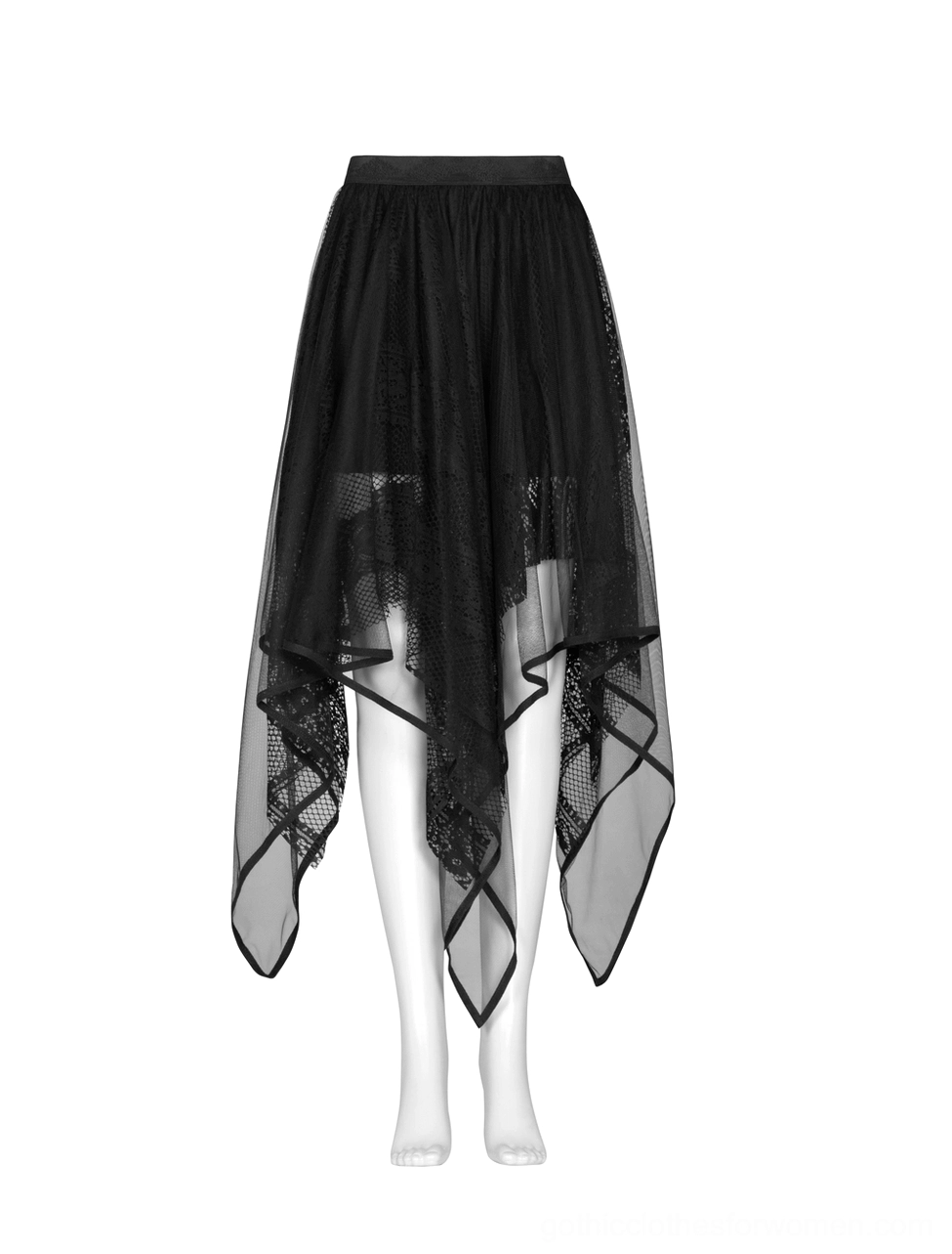 Gothic black mesh skirt high waisted design on dress form front view showing sheer layered fabric construction
