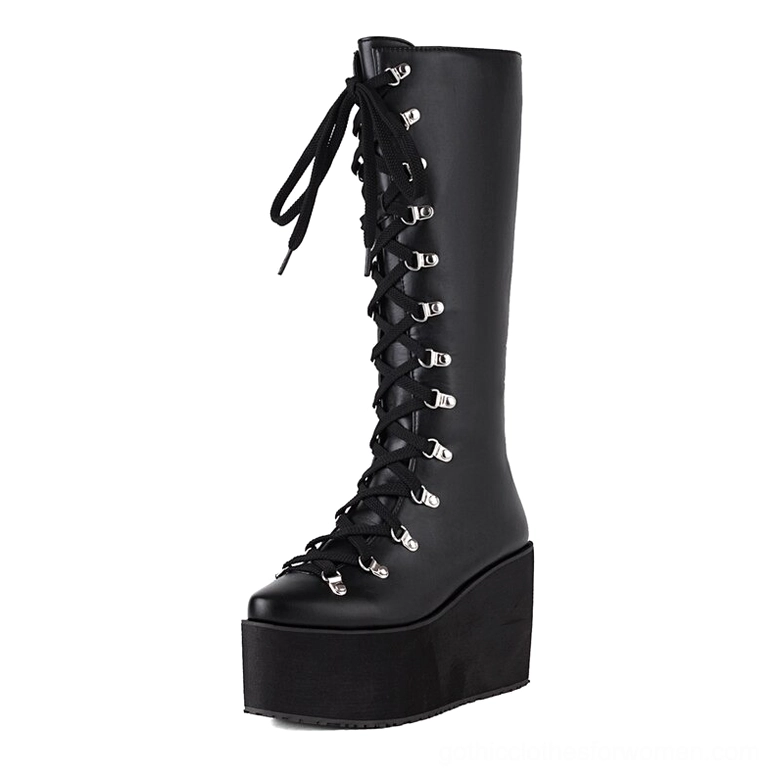 Gothic black matte platform boots side view showing mid-calf height and wedge sole