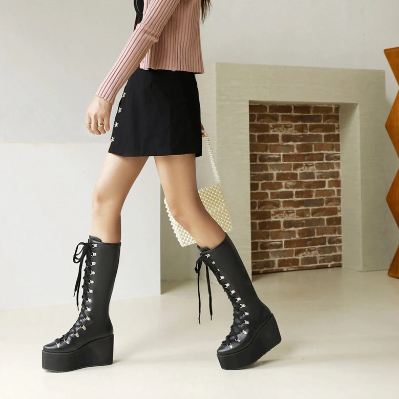 Gothic black platform lace-up mid-calf boots for women alternate angle