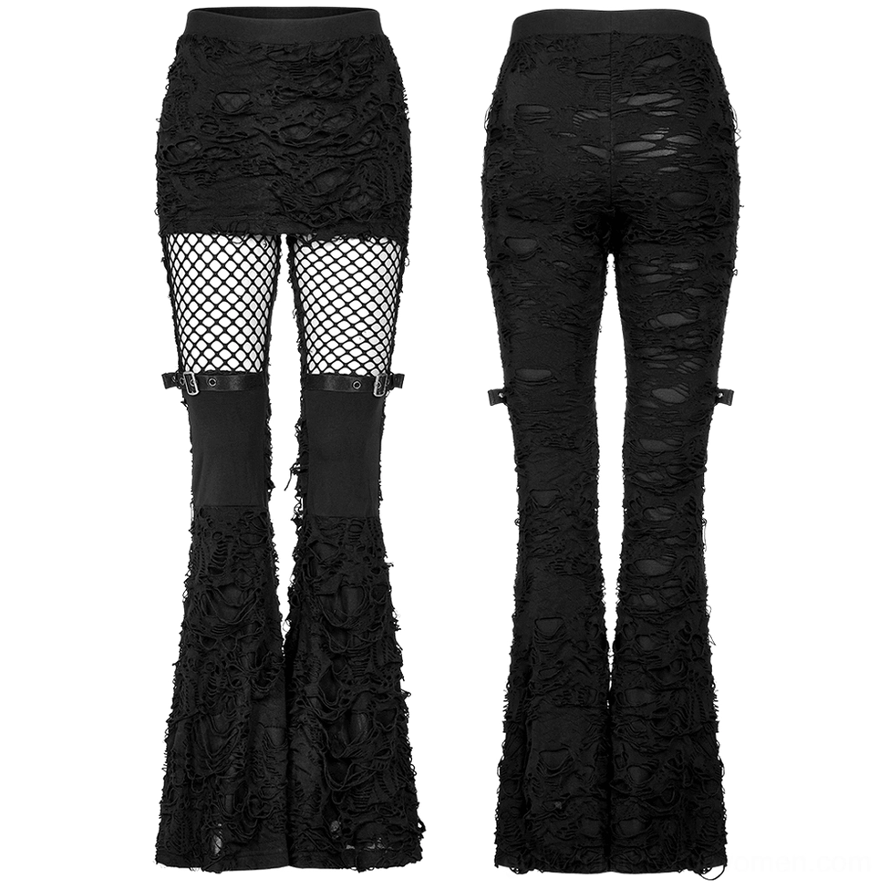 Black gothic ripped trousers with fishnet inserts and buckle straps, front and back flat lay display