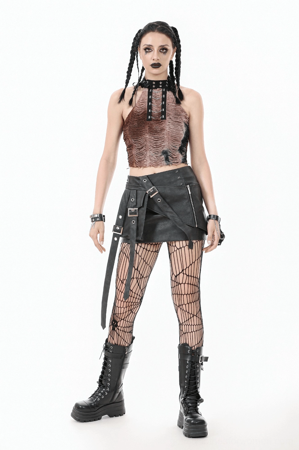 Gothic black faux leather skirt alternative fashion piece with side zipper closure buckle embellishments rebellious style