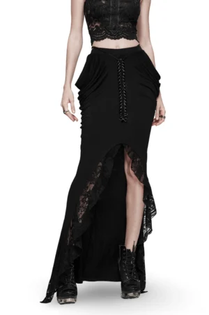 Gothic black pleated skirt with lace side split and decorative iron chain front lace-up details, full-body front view on female model