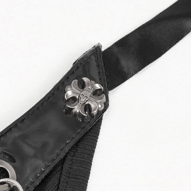 Black gothic sleeveless high-slit maxi dress with chain detail, full-length detail shot showing overall silhouette and fit