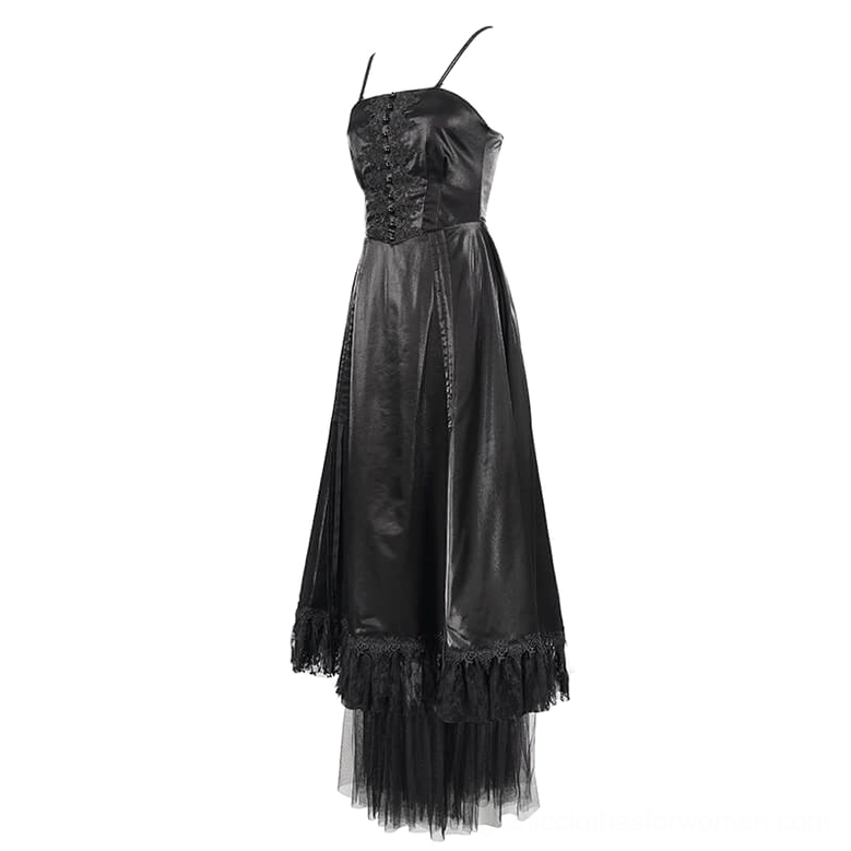 Black gothic cami maxi dress flat lay showing corset bodice with spaghetti straps and layered sheer tulle hem