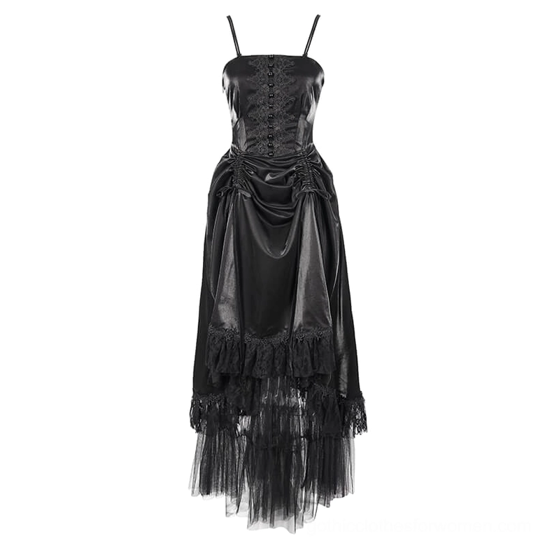 Black gothic cami maxi dress flat lay display showing ruched waist, button bodice, and layered lace tulle hem construction