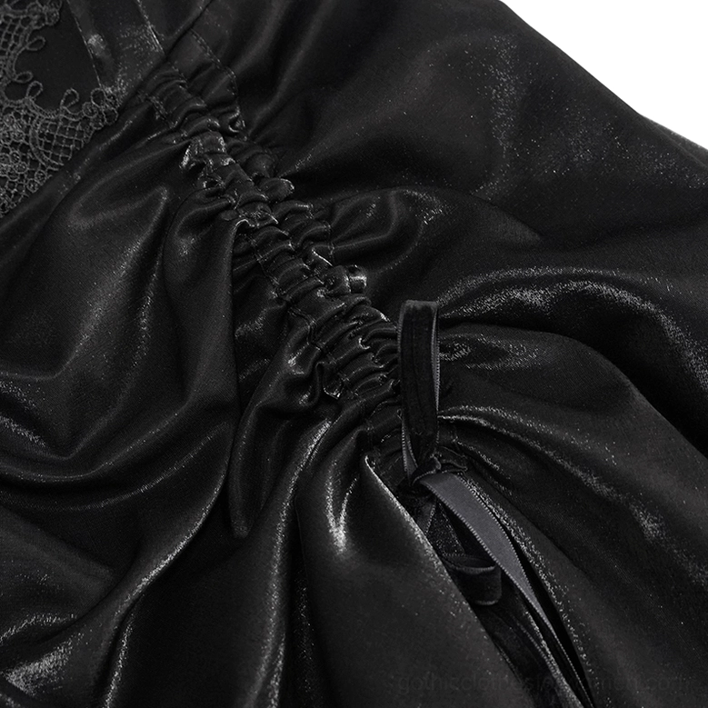 Black gothic slip dress close-up showing lace splice pattern and fabric texture on bodice