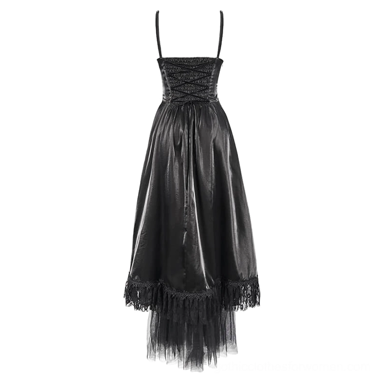Rear flat lay view of black gothic slip dress showing lace-up corset back and decorative tulle lace hem