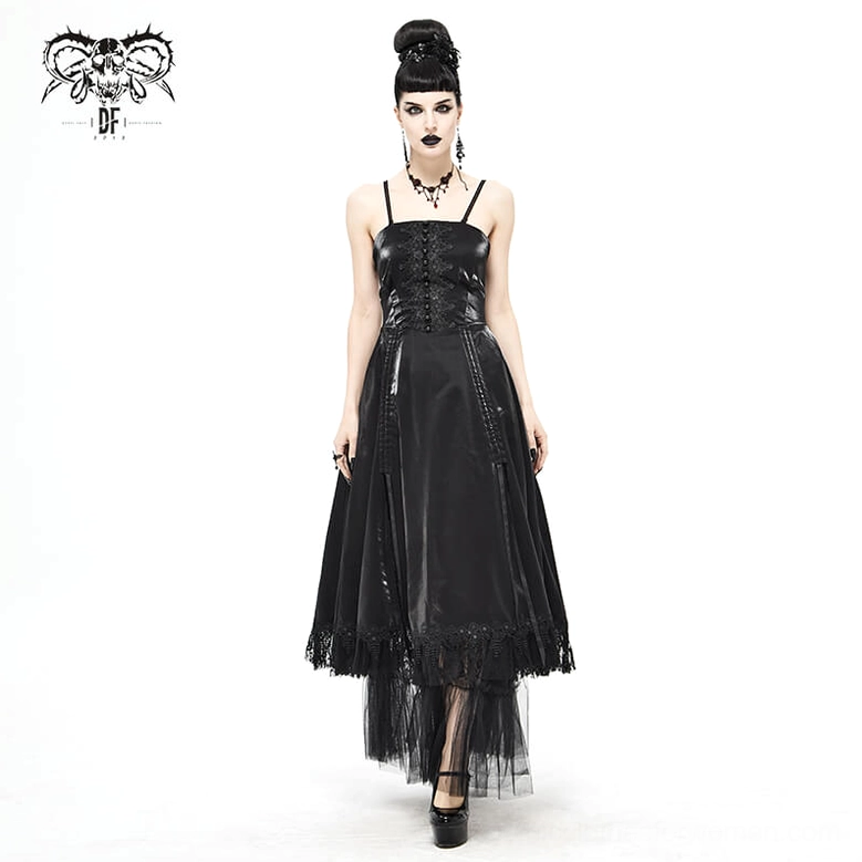 Black gothic slip dress styled view showing spaghetti straps and lace-splice design elements