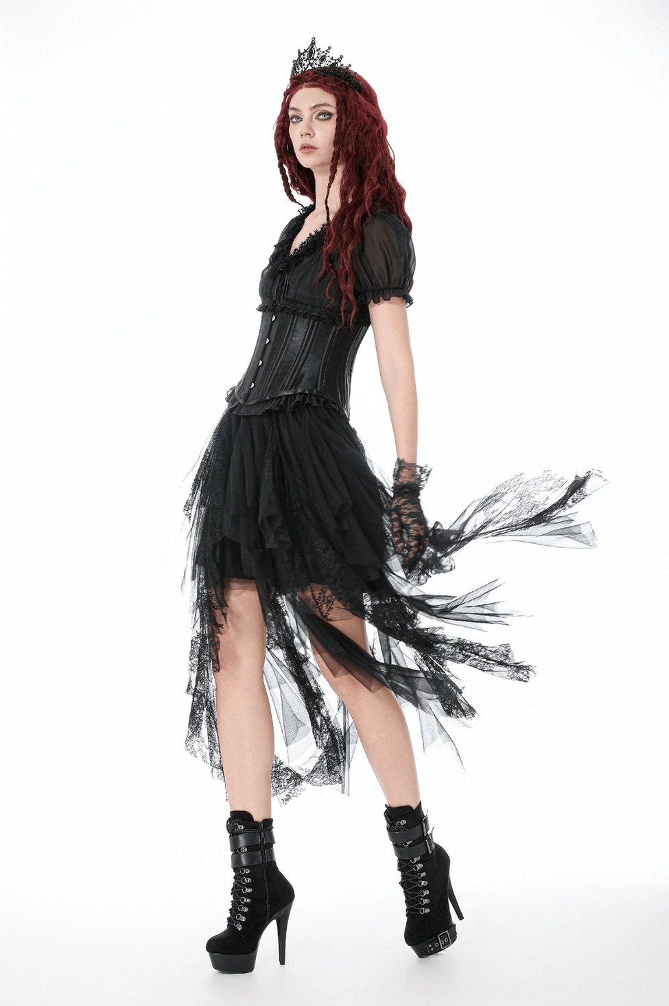 Gothic layered tulle skirt product photography featuring sheer overlay and tattered hem strips