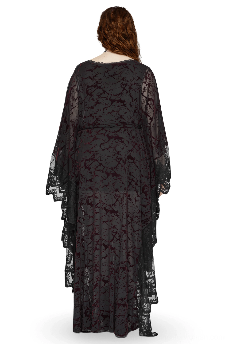 Gothic black maxi dress back view displaying sheer lace overlay, tied waist sash with water-drop pendants, and ruffled floor hem