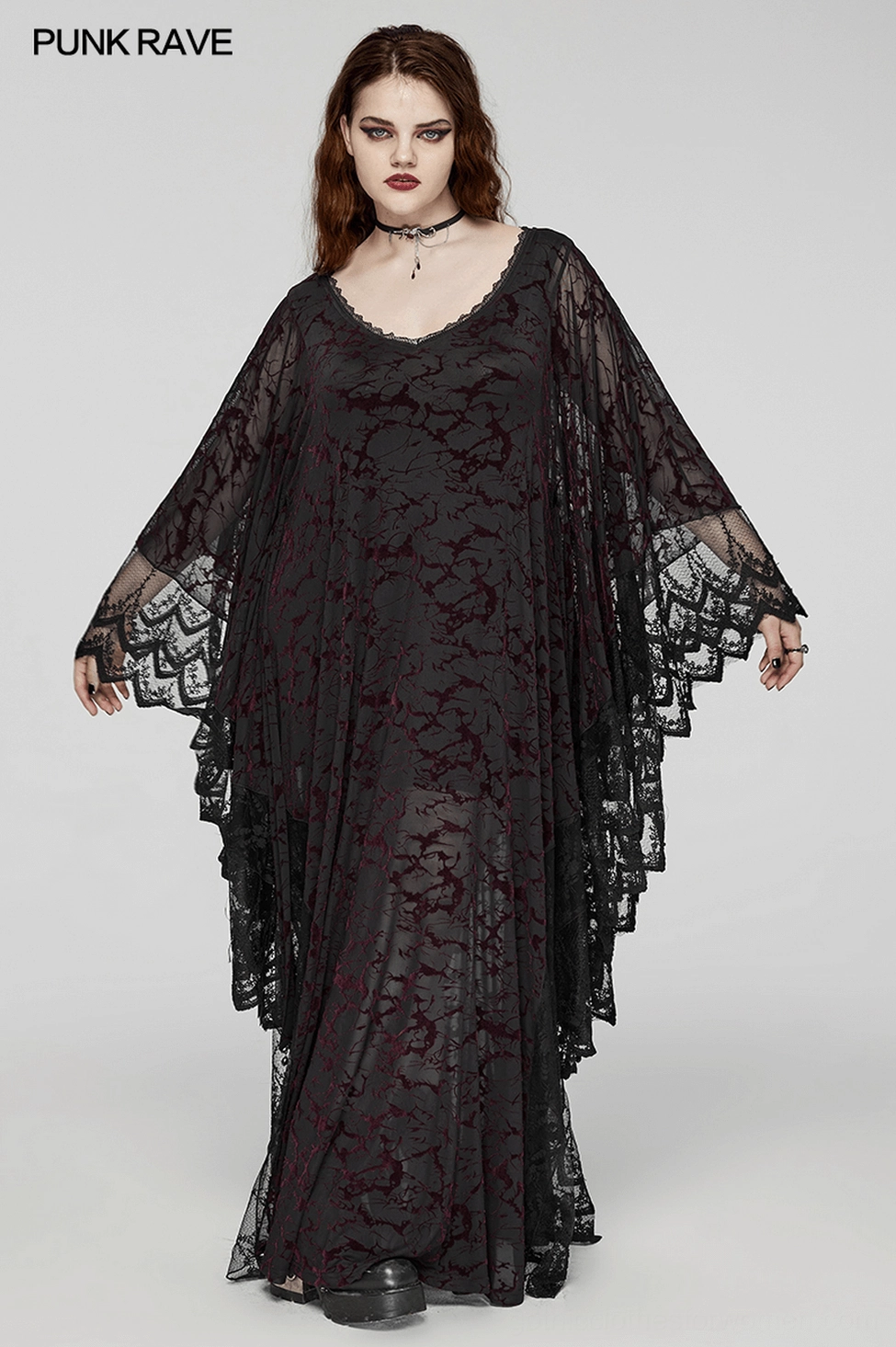 Gothic black V-neck maxi dress highlighting stretchy knitted fabric quality and V-neckline design