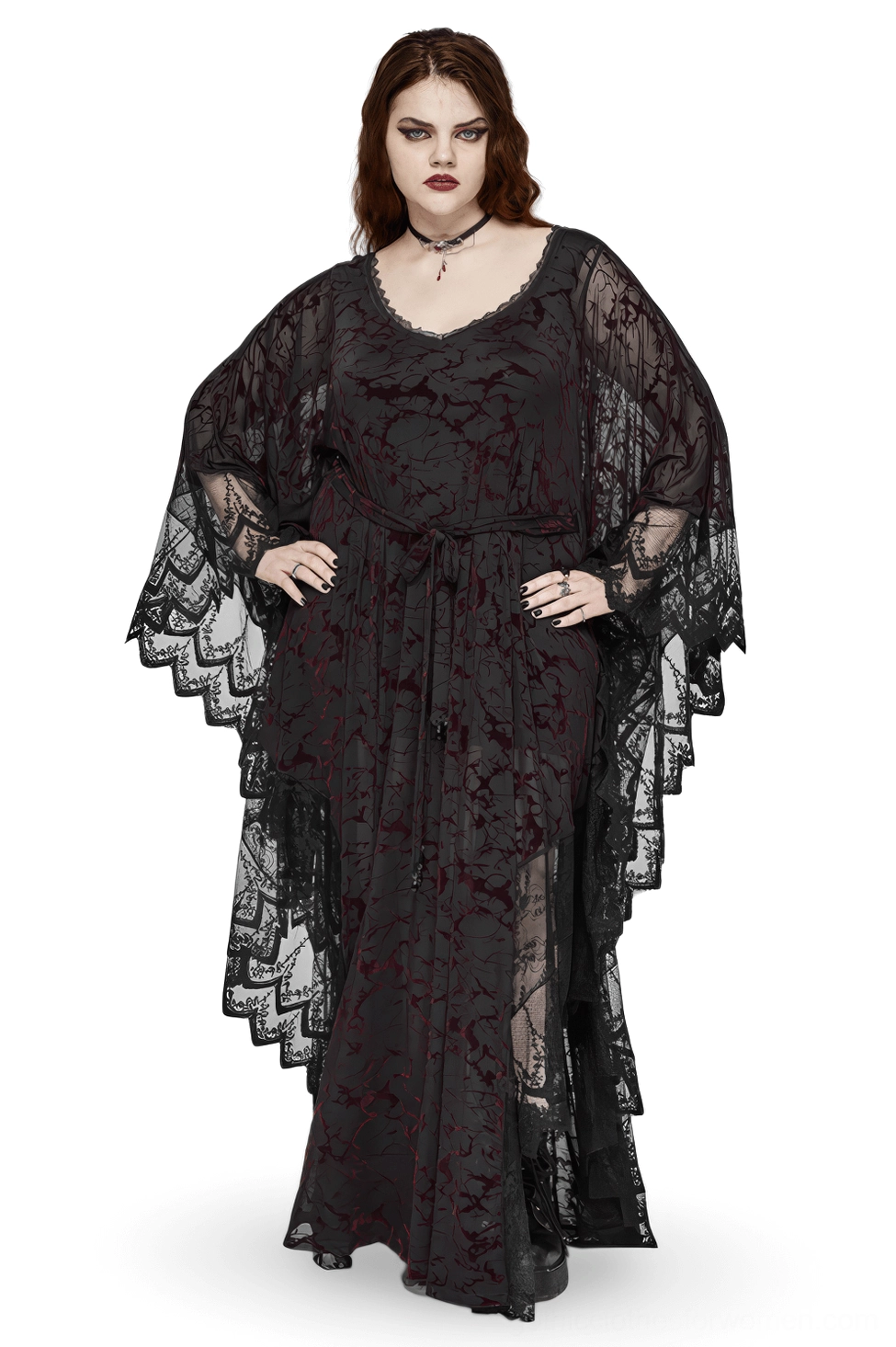 Gothic black v-neck maxi dress with water droplet waistband worn by model, front full-body view showing dramatic V-neckline and lace paneling