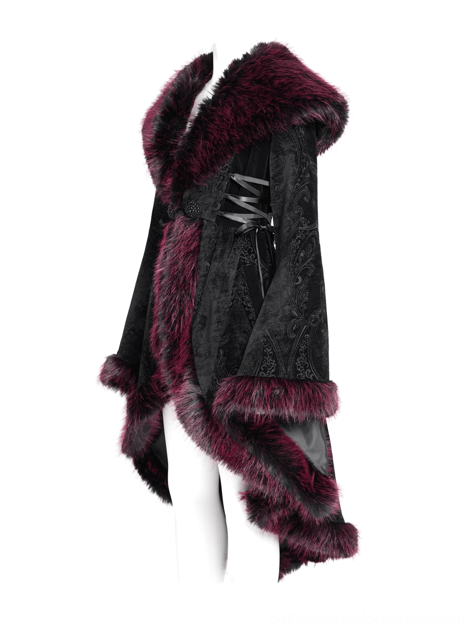 Front flat lay detail of gothic coat displaying decorative beaded button closures, intricate jacquard velvet pattern, and burgundy fur trim