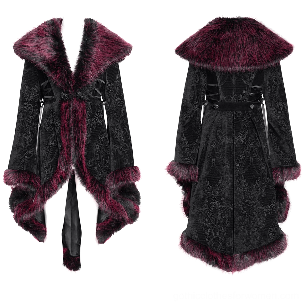 Flat lay front display of gothic coat showing jacquard velvet texture, burgundy faux fur collar, decorative beaded buttons, and waist ribbon sash